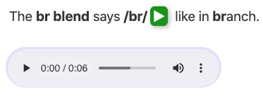 Two types of audio buttons, green arrow and player button.